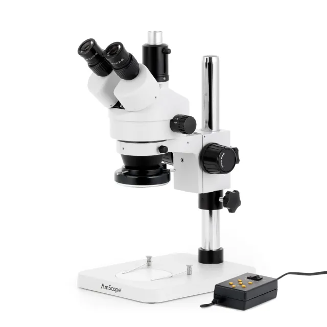 AmScope SM-1TSZ-144A-M Digital Enabled Trinocular Stereo Microscope with 90X Magnification and Quadrant-Control LED 1.3MP Camera on a Pillar Stand