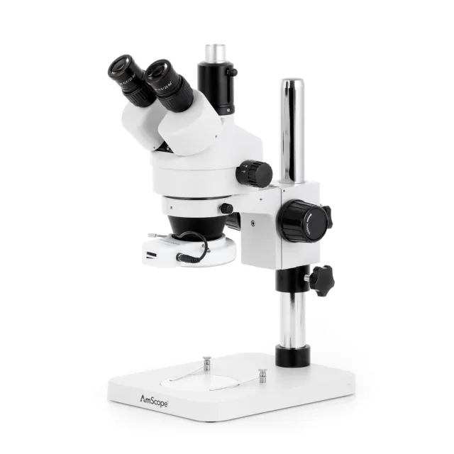 AmScope SM-1TSZ-144S-M Digital Enabled Trinocular Stereo Microscope with 90X Magnification and 144-LED Ring-Light 1.3MP Camera on a Pillar Stand
