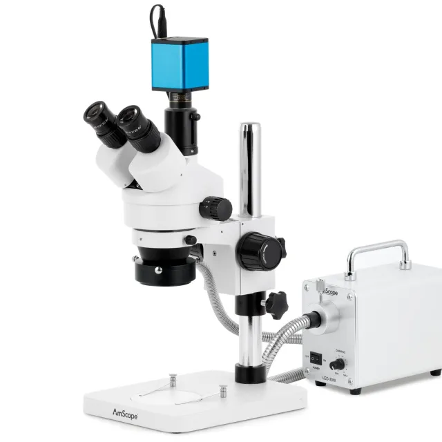 AmScope SM-1TSZ-30WR-AF25 SM-1 Series Zoom Trinocular Stereo Microscope 3.5X-90X w/ 30W LED Fiber Optic Ring Light and 1080P 5MP HDMI Auto-focus Camera on Pillar Stand