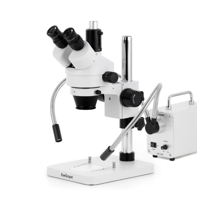 AmScope SM-1TSZ-30WY-M Digital Enabled Trinocular Stereo Microscope with 90X Magnification, Dual FO Gooseneck Light LED 1.3MP Camera on a Pillar Stand