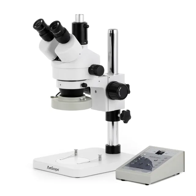 AmScope SM-1TSZ-80AM-M Digital Enabled Trinocular Stereo Microscope, 90X, 80-LED Light, Multi-Zone Controller 1.3MP Camera on a Pillar Stand