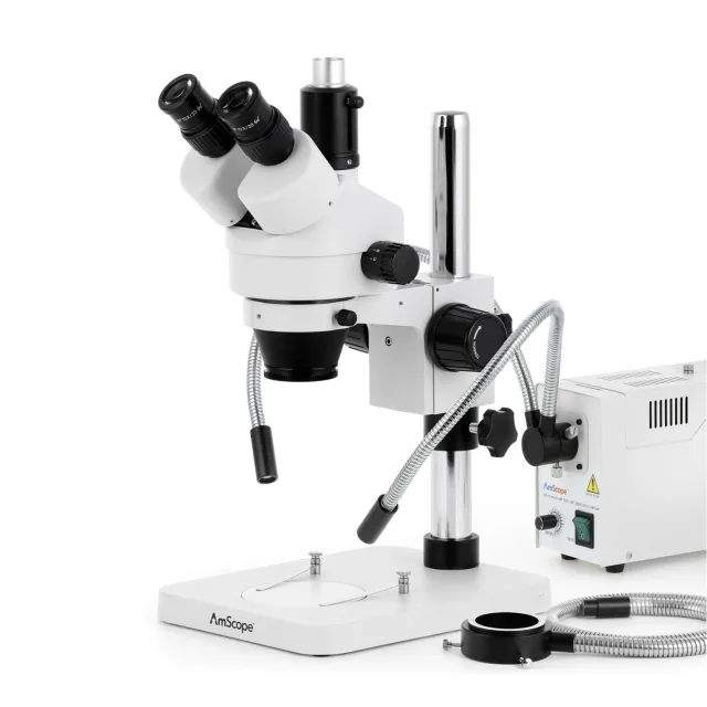 AmScope SM-1TSY-FODR-10M3 SM-1 Series Zoom Trinocular Stereo Microscope 7X-90X w/ 150W Halogen Dual Gooseneck & Ring Lights and 10MP USB 3.0 C-mount Camera on Pillar Stand
