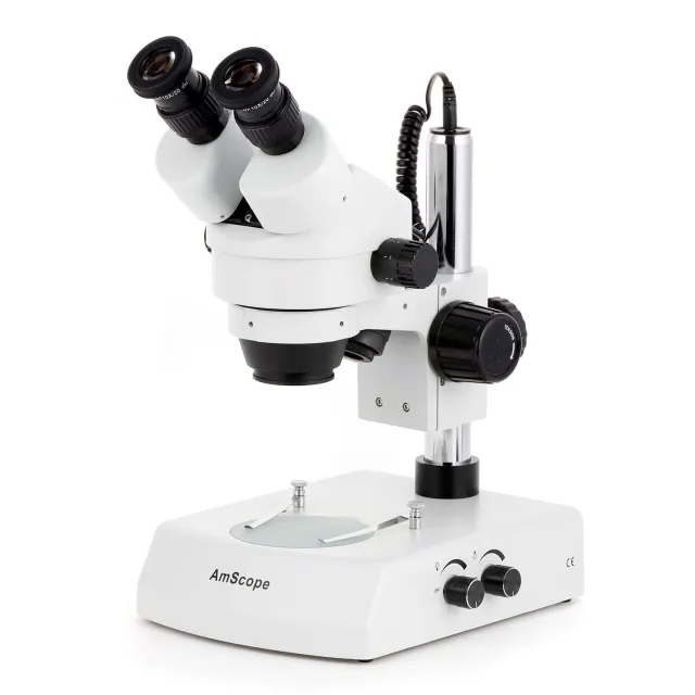 AmScope SM-2B Zoom Binocular Stereo Microscope 7X-45X Magnification on Pillar Stand w/ Dual Halogen Lights