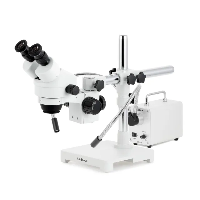 AmScope SM-3BYY-30WY SM-3 Series Zoom Binocular Stereo Microscope 7X-135X Magnification w/ 30W LED Double Gooseneck Fiber Optic Lights on Single Arm Boom Stand
