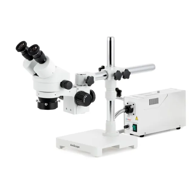 AmScope SM-3BYY-FOR SM-3 Series Zoom Binocular Stereo Microscope 7X-135X Magnification w/ 150W Halogen Ring Light on Single Arm Boom Stand