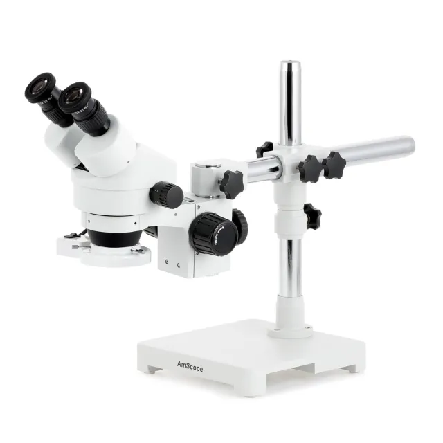AmScope SM-3B-FRL Zoom Binocular Stereo Microscope 7X-45X Magnification w/ 8W Fluorescent Ring Light on Single Arm Boom Stand