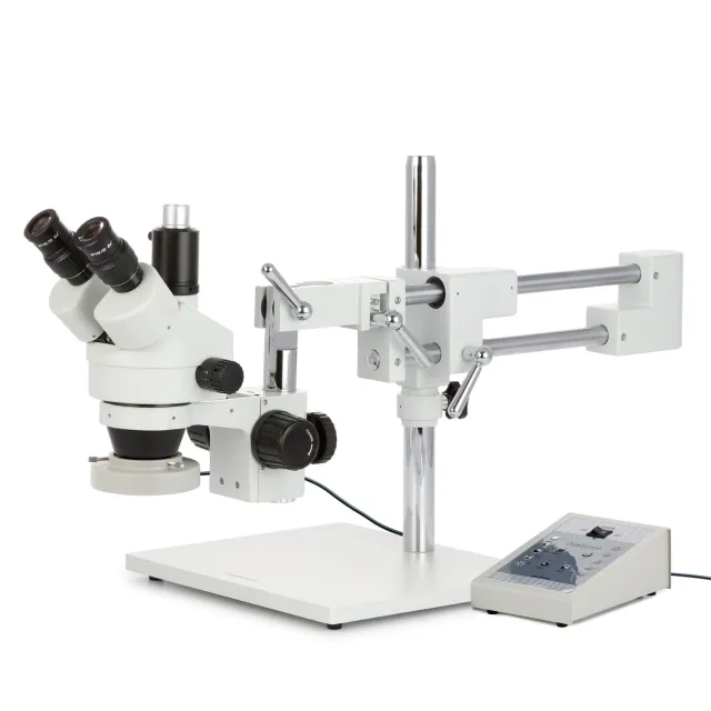 AmScope SM-4TYY-80AM-HD22 Zoom Trinocular Stereo Microscope 7X-135X Magnification w/ 80 LED Direction Variable Ring Light and 2MP HDMI CMOS C-Mount Camera on Double Arm Boom Stand