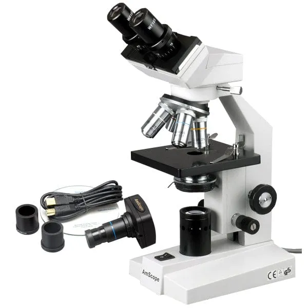 AmScope B100A-5M B100 Series Biological Binocular Compound Microscope 40X-1600X Magnification with Halogen and 5MP Camera