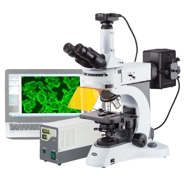 AmScope FM820TB Upright EPI-Fluorescence Trinocular Compound Microscope 40X-2000X Magnification w/ Rotating Multi-Filter Turret