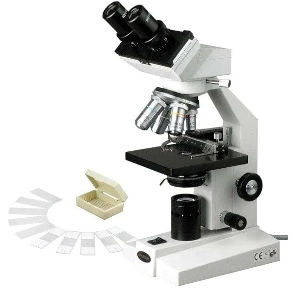 AmScope B100C-MS-PB10-E1 B100 Series Biological Binocular Compound Microscope 40X-2500X Magnification with Halogen, Mech. Stage, Slide Set and 1MP Digital Eyepiece