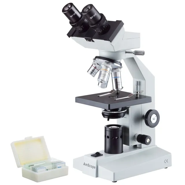 AmScope B100A-PB10-E2 B100 Series Biological Binocular Compound Microscope 40X-1600X Magnification with Halogen, Mech. Stage, Slide Set and 2MP Digital Eyepiece
