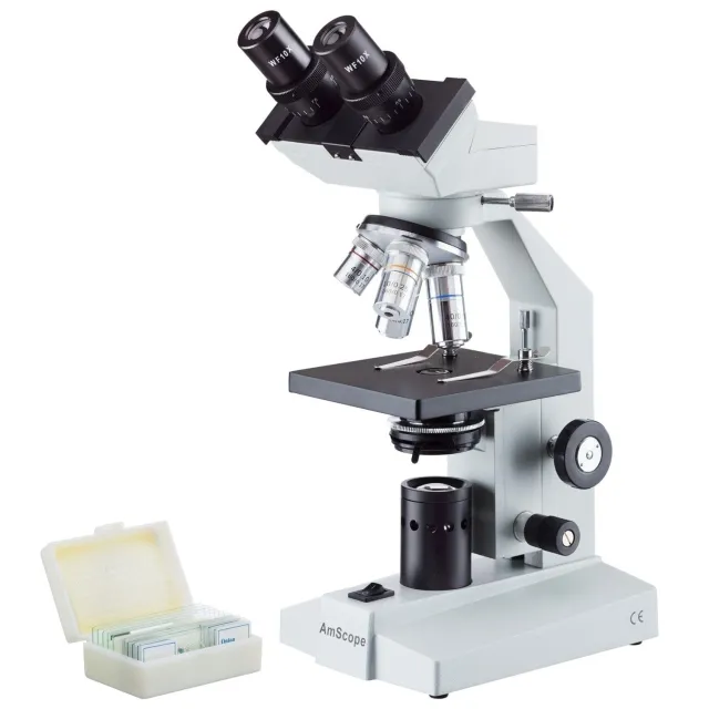 AmScope B100B-PB10-E5 B100 Series Biological Binocular Compound Microscope 40X-2000X Magnification with Halogen, Mech. Stage, Slide Set and 5MP Digital Eyepiece