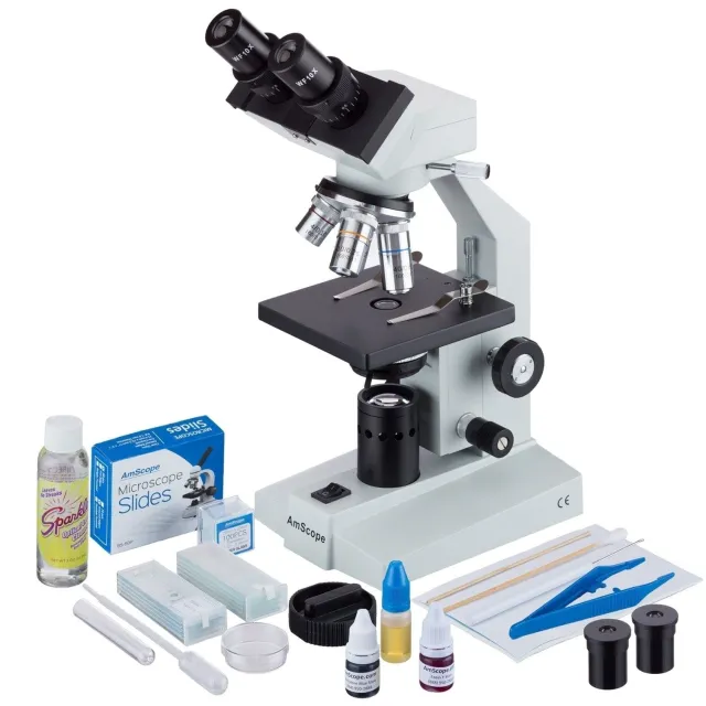 AmScope B100A-SP14-CLS-50P100S-E2 B100 Series Biological Binocular Compound Microscope 40X-1600X Magnification with Halogen, Mech. Stage, Slide Making Kit and 2MP Digital Eyepiece