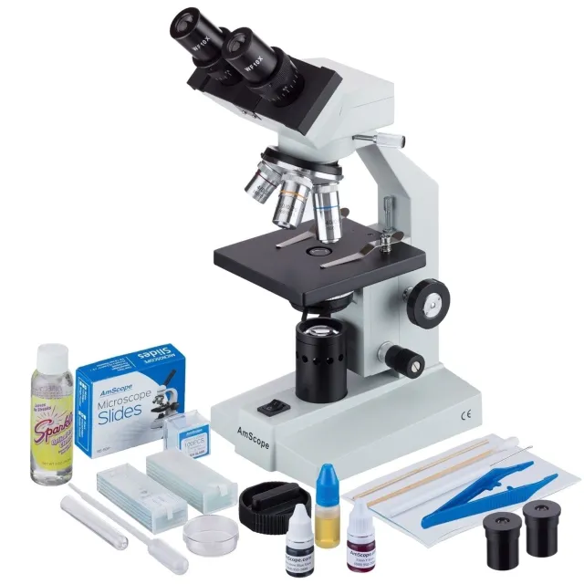 AmScope B100C-SP14-CLS-50P100S-E5 B100 Series Biological Binocular Compound Microscope 40X-2500X Magnification with Halogen, Slide Making Kit and 5MP Digital Eyepiece