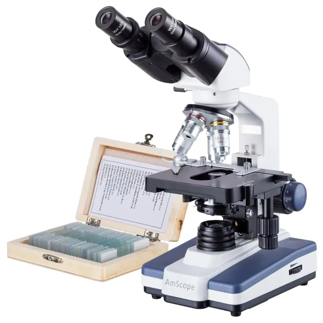 AmScope B120A-PS25-E3 B120 Series Binocular Compound Microscope 40X-1600X Magnification with LED, Siedentopf Head, 25 Prepared Slides and 3MP Digital Camera