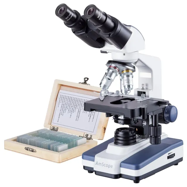 AmScope B120-PS25-E1 B120 Series Binocular Compound Microscope 40X-1000X Magnification with LED, Siedentopf Head, 25 Prepared Slides and 1MP Digital Camera