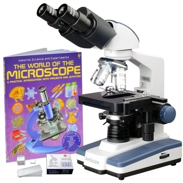 AmScope B120A-WM-50P100S-E2 B120 Series Binocular Compound Microscope 40X-1600X Magnification with LED, Siedentopf Head, 50 Blank Slides, Book and 2MP Digital Camera
