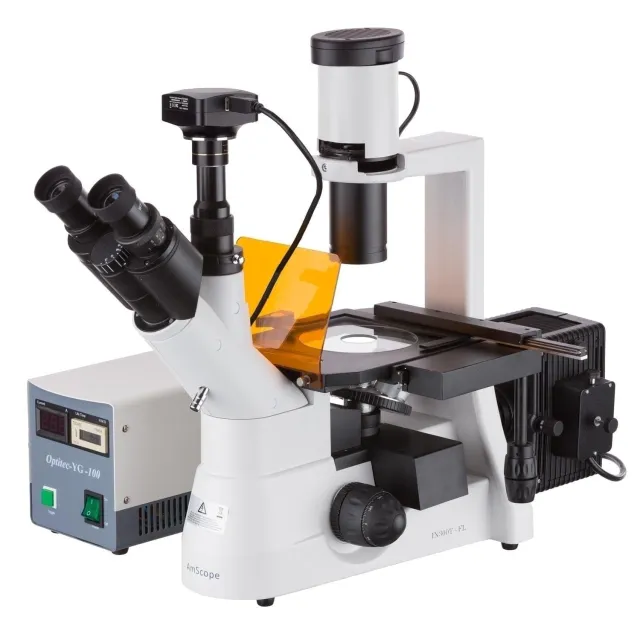 AmScope IN300TC-FL-5MG3 IN300 Series Inverted Epi-fluorescence Trinocular Compound Microscope 40X-1000X Magnification w/ 5MP Color Global Shutter Camera