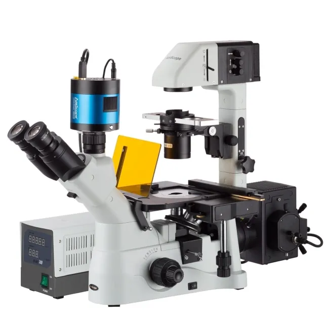 AmScope IN480TC-FL-MF603 IN480 Series Inverted Epi-fluorescence Trinocular Compound Microscope 40X-1500X Magnification w/ 6MP Cooled Color CCD Camera