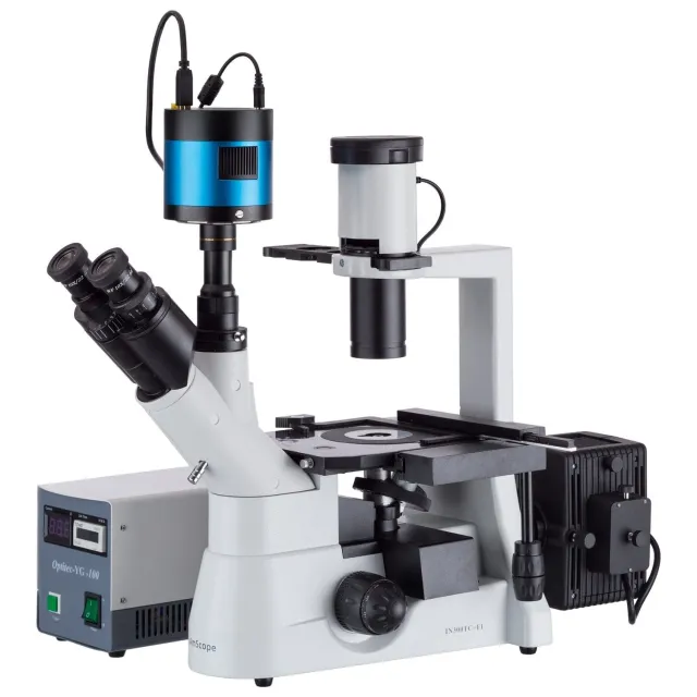 AmScope IN300TC-FL-MF143 IN300 Series Inverted Epi-fluorescence Trinocular Compound Microscope 40X-1000X Magnification w/ 1.4MP Cooled Monochrome CCD Camera