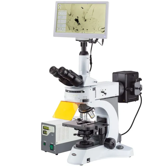 AmScope FM820T-HD18-HDM FM820 Series Upright Fluorescence Trinocular Compound Microscope 40X-1000X Magnification with Rotating Multi-filter Turret, HDMI Camera and Screen