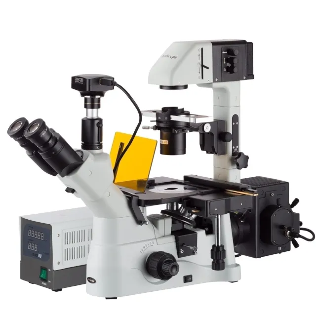AmScope IN480TA-FL Inverted Infinity-Corrected Fluorescence Trinocular Compound Microscope 40X-600X Magnification w/ Kohler Illumination