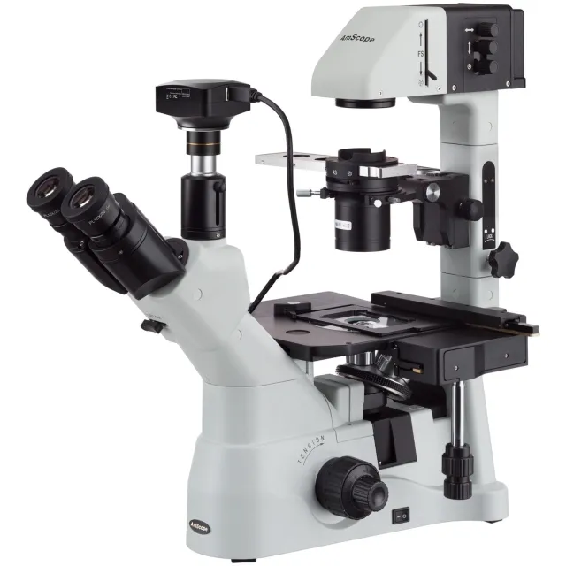 AmScope IN480TB-2MBI3 Inverted Infinity-Corrected Phase-Contrast Trinocular Compound Microscope 40X-1200X Magnification w/ Kohler Illumination and 2MP Back-illuminated CMOS USB 3.0 Camera