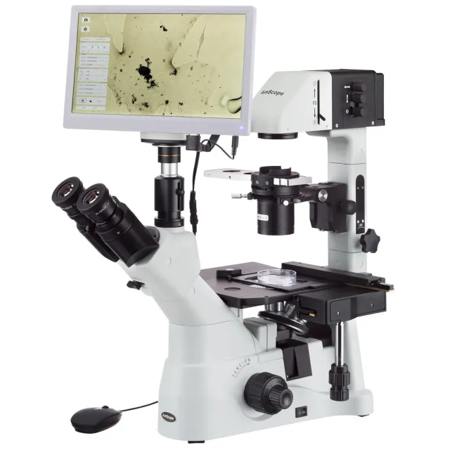AmScope IN480TC-HD18-HDM IN480 Series Inverted Infinity-corrected Phase-contrast Trinocular Compound Microscope 40X-1500X Magnification with Koehler Illumination and 11.6"" 60fps Real-time Imaging system