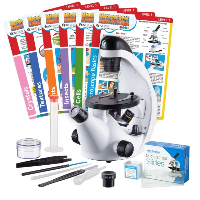AmScope IN50C-50P100S22-EXCL1 IQCrew IN50 Science Discovery Series Inverted Compound Microscope 40X-500X w/ Blank Slides, Coverslips and Cards