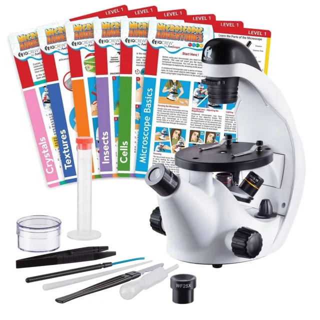 AmScope IN50C-EXCL1 IQCrew IN50 Science Discovery Series Inverted Compound Microscope 40X-500X Magnification w/ Experiment Cards for Students and Kids