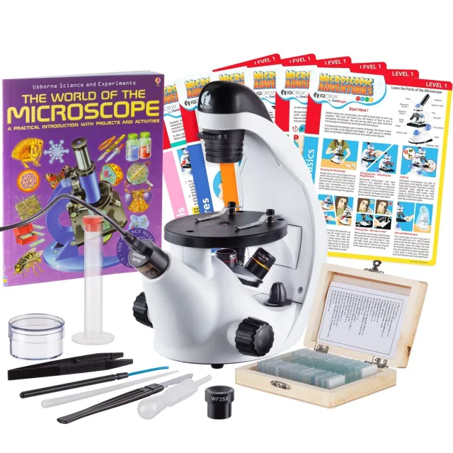 AmScope IN50C-PS25-WM-EXCL1-E1 IQCrew IN50 Science Discovery Series Inverted Compound Microscope 40X-500X w/ 1MP Camera, 25pc Slides, Book and Cards