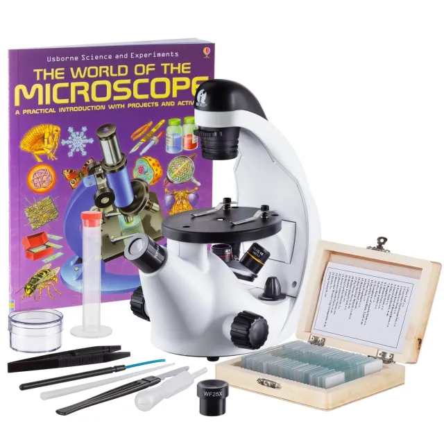 AmScope IN50C-PS25-WM IQCrew IN50 Series STEM Science Discovery Inverted Compound Microscope 40X-500X w/ 25 Prepared Slides, and Microscope Book