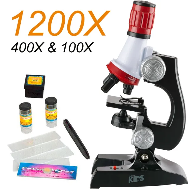 AmScope M28-KT1-W IQCrew Kids Beginner Compound Microscope Set 100X-1200X Magnification LED + Slides Preparation Kit