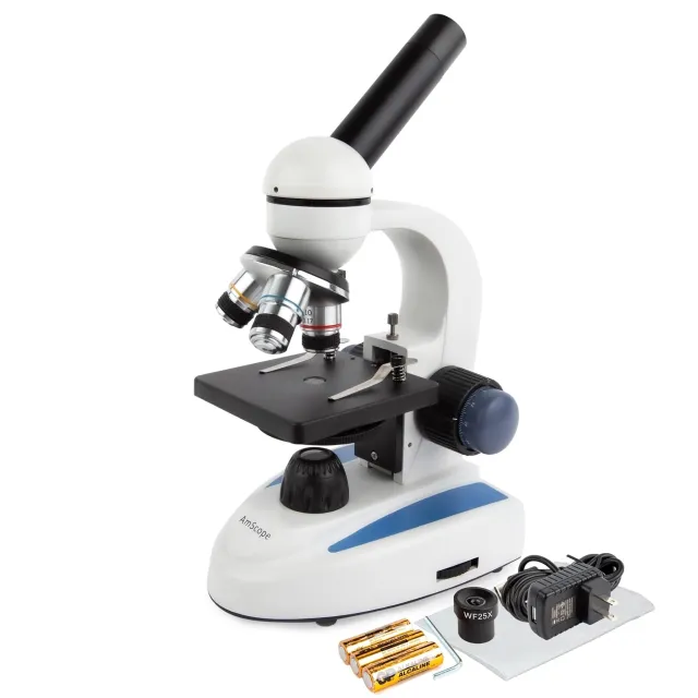 AmScope M158C M158 Series Student Cordless Monocular Compound Microscope 40X-1000X Magnification with Metal Frame, Glass Lenses and Coarse and Fine Focus