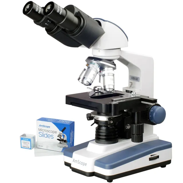 AmScope B020C-50P100S22 B020 Series LED Lab Compound Microscope 40X-2500X Magnification with 3D Two-Layer Mechanical Stage + Slides