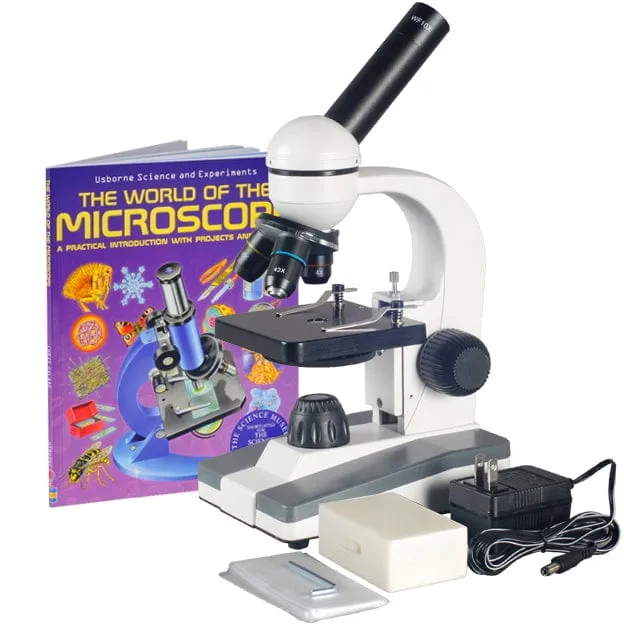AmScope M148C-PB10-WM M148 Series Biological Science Student Monocular Compound Microscope 40X-1000X Magnification with 10pc Slide Collection and Book