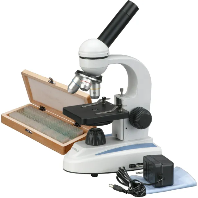 AmScope M149C-PS50 M149 Series Student Kids Metal Frame Glass Optics Biological Moncluar Compound Microscope 40X-1000X Magnification with 50 Prepared Slide Collection