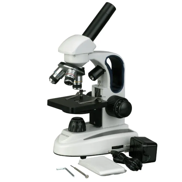 AmScope M158-2L M158 Series Student Cordless Monocular Compound Microscope 40X-400X Magnification with Top and Bottom Lights, Metal Frame, Glass Lenses and Coarse and Fine Focus