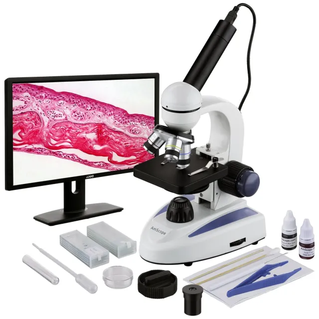 AmScope M158C-SP14-E M158 Series Biology Science Student Compound Microscope 40X-1000X Magnification with USB Digital Camera and Slide Preparation Kit