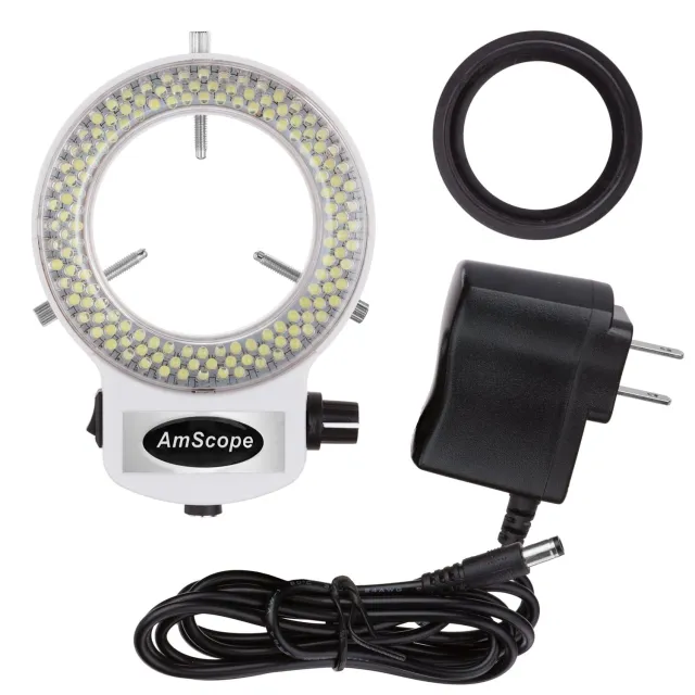 AmScope 144 LED Intensity-adjustable Ring Light for Stereo Microscopes w/ White Housing | Part #LED-144W-ZK