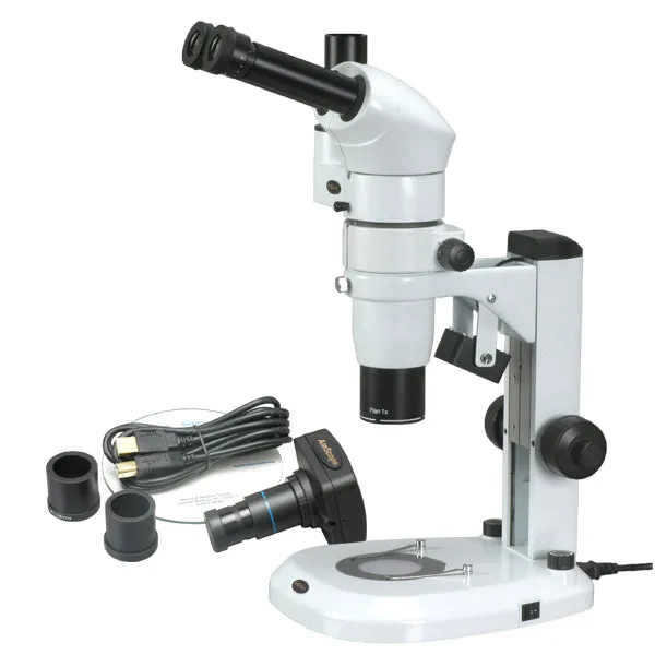 AmScope PM240T-8M PM240 Series Zoom Trinocular Stereo Microscope 8X-80X Magnification on Track Stand w/ Common Main Objective(CMO) and 8MP Camera