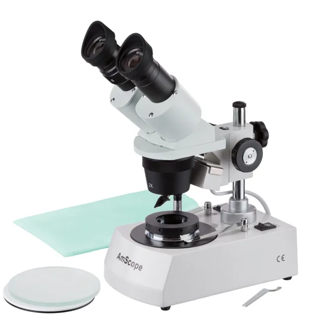 AmScope SE306R-P-DK Compact Multi-Lens Darkfield Binocular Stereo Microscope 20X-40X Magnification on Metal Track Stand w/ Angled Head, Top and Bottom Halogen Lighting