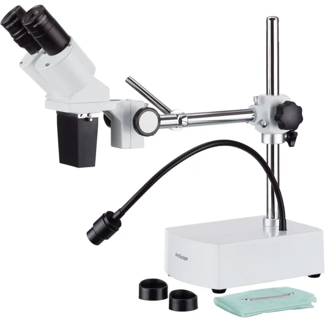 AmScope SE400-LED Compact Fixed-Lens Binocular Stereo Microscope 10X Magnification on Boom-Arm Stand w/ Reverse Angled Head and Gooseneck LED Light