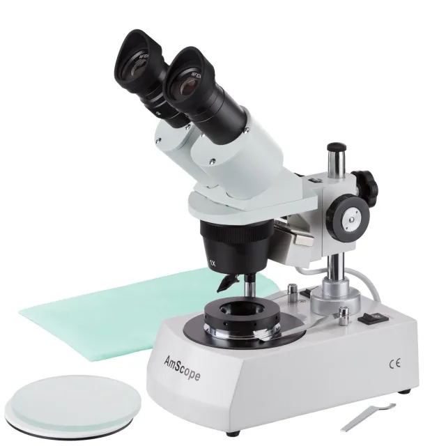 AmScope SE305R-P-DK Compact Jeweler's Darkfield Binocular Stereo Microscope 10X-30X Magnification on Metal Pillar Stand w/ Angled Head, Top and Bottom Halogen Lighting