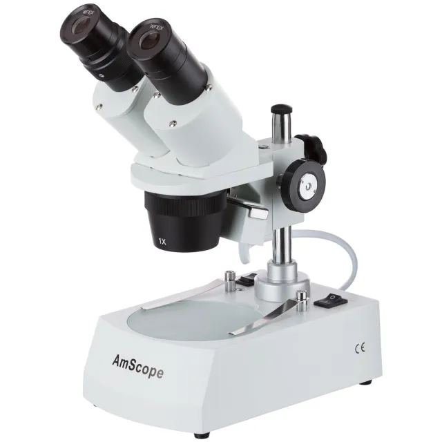 AmScope SE305R-PY-LED-E1 SE305 Series Compact Multi-Lens Binocular Stereo Microscope 10X-45X on Metal Pillar Stand w/ Angled Head, Top and Bottom LED Lighting and 1MP Digital Eyepiece