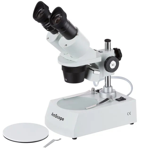 AmScope SE305R-P SE305 Series Compact Multi-Lens Binocular Stereo Microscope 10X-30X w/ Angled Head, Metal Pillar Stand, Top, Bottom Halogen Lighting