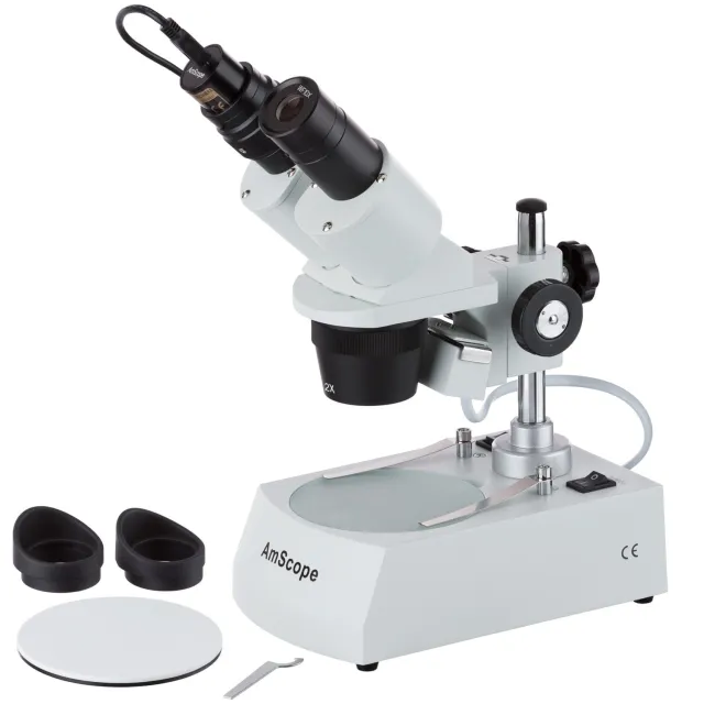 AmScope SE306R-P-E Compact Multi-Lens Binocular Stereo Microscope 20X-40X Magnification w/ Angled Head, Metal Pillar Stand, Top & Bottom Halogen Lighting, 1MP Digital Eyepiece Camera