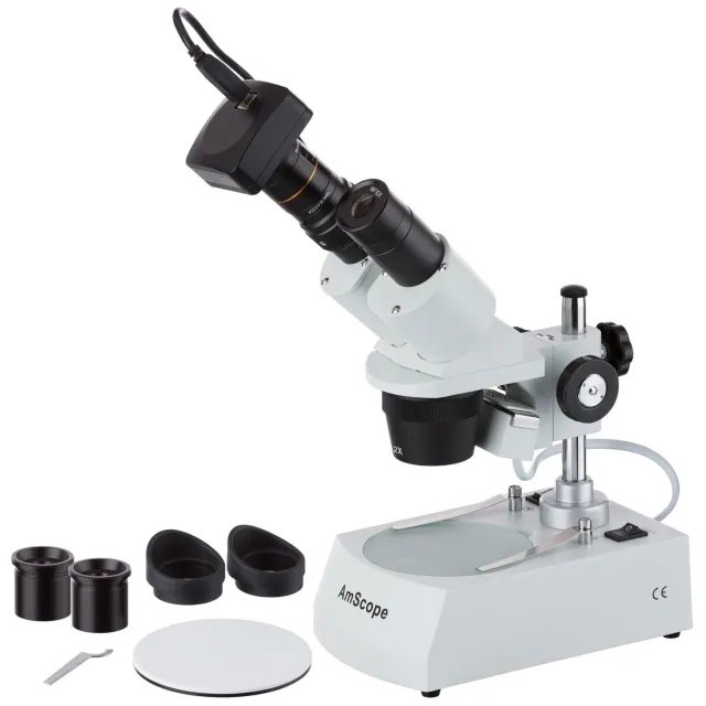 AmScope SE306R-PZ-M Compact Multi-Lens Binocular Stereo Microscope 20X-80X Magnification w/ Angled Head, Metal Pillar Stand, Top & Bottom Halogen Lighting, 1.3MP USB Camera
