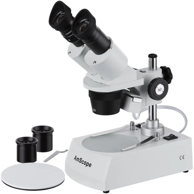 AmScope SE306R-PZ Compact Multi-Lens Stereo Microscope 20X-80X Magnification w/ Angled Head, Metal Pillar Stand, Top & Bottom Halogen Lighting