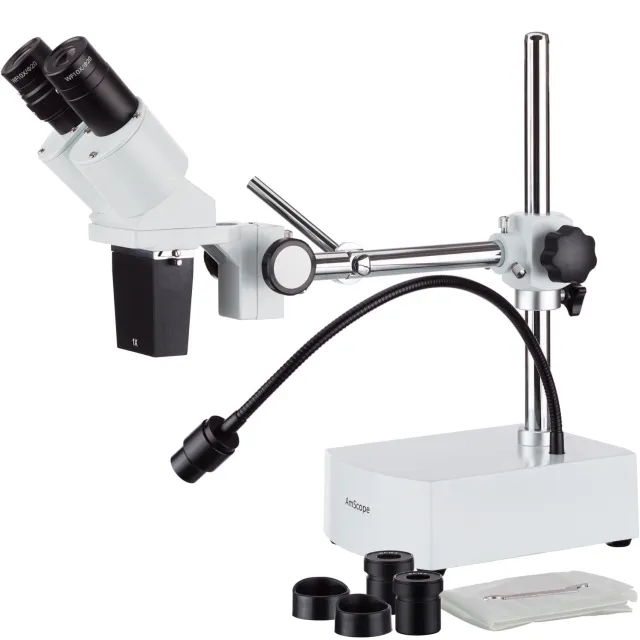 AmScope SE400-Y SE400 Series Compact Fixed-Lens Binocular Stereo Microscope 10X-15X Magnification on Boom-Arm Stand w/ Gooseneck LED Light
